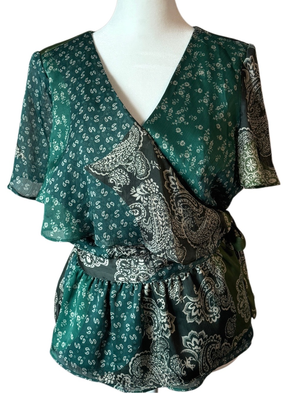 GUESS Green Paisley Floral Wrap Top Large